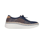 The SKECHERS Wilshire Boulevard Breezy Stroll Navy Sneaker features a navy blue and tan color scheme, striped knit accents, a tan heel patch, navy laces, and a thick white textured sole, delivering lightweight comfort and stylish appeal against a white background.