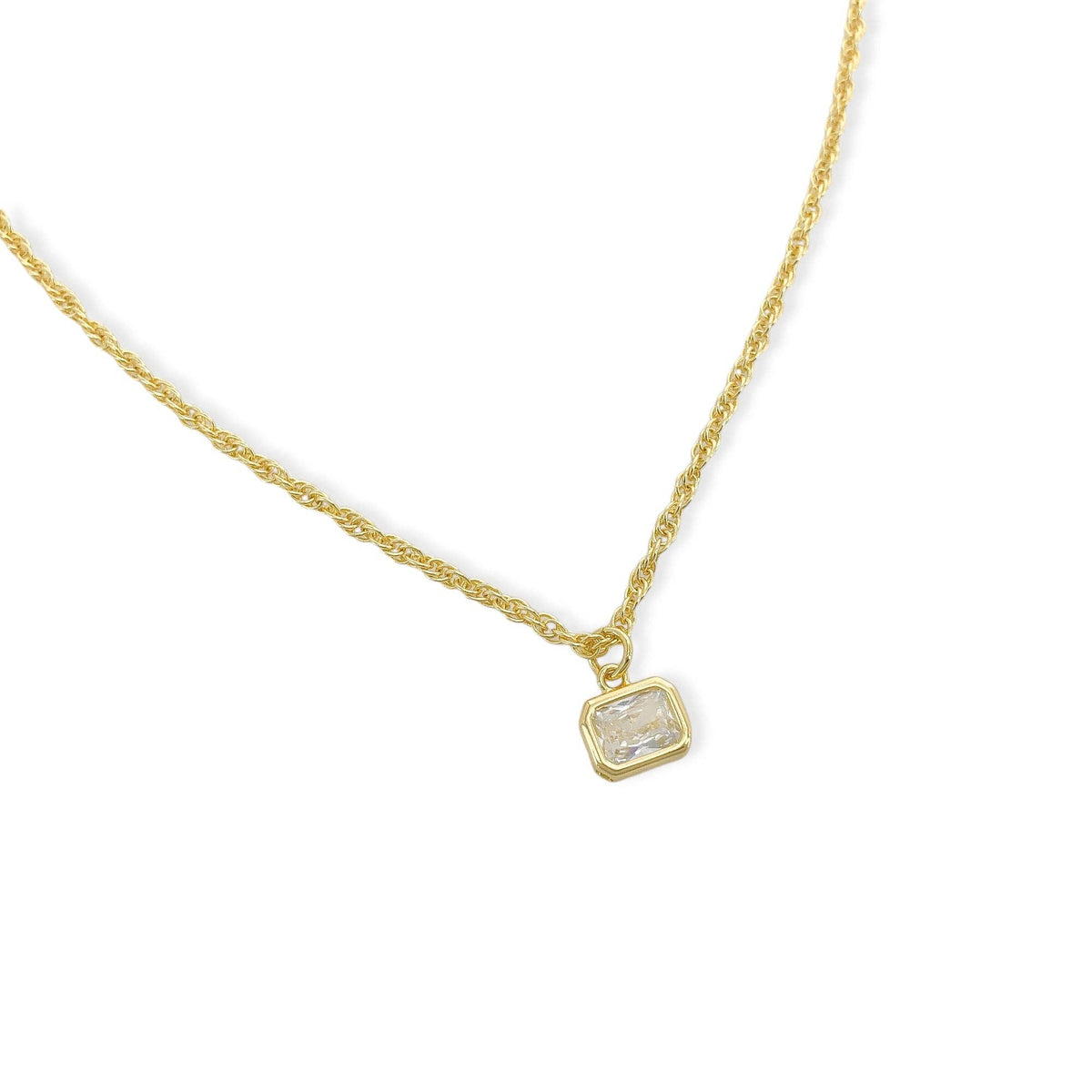 OMG Blings’ CZ Chain features a gold twisted chain necklace with a square-cut cubic zirconia pendant in a gold setting, displayed on a plain white background. Main image