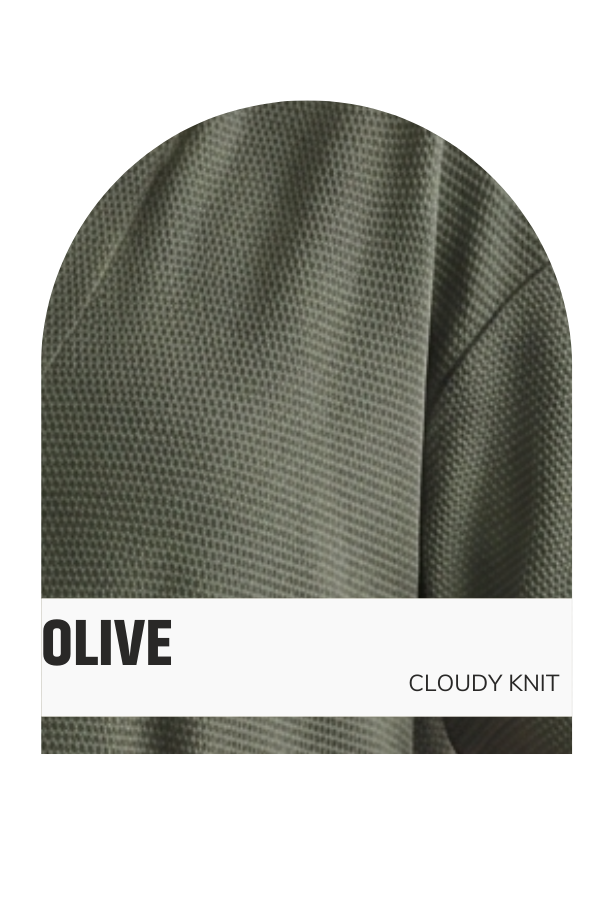 Olive-colored CLOUDY KNIT 3/4 SLEEVE ROUND NECK TOP with a textured pattern.