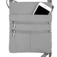 The Roma Leathers, Inc. Large cowhide leather crossbody shoulder bag in gray features two front zippered pockets and an adjustable shoulder strap, shown here with a smartphone partially tucked into the top pocket.