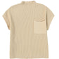 The Shewin Patch Pocket Ribbed Knit Short Sleeve Sweater is a beige top crafted from knit fabric, featuring a high neckline and a single chest pocket, ideal for transitional weather.