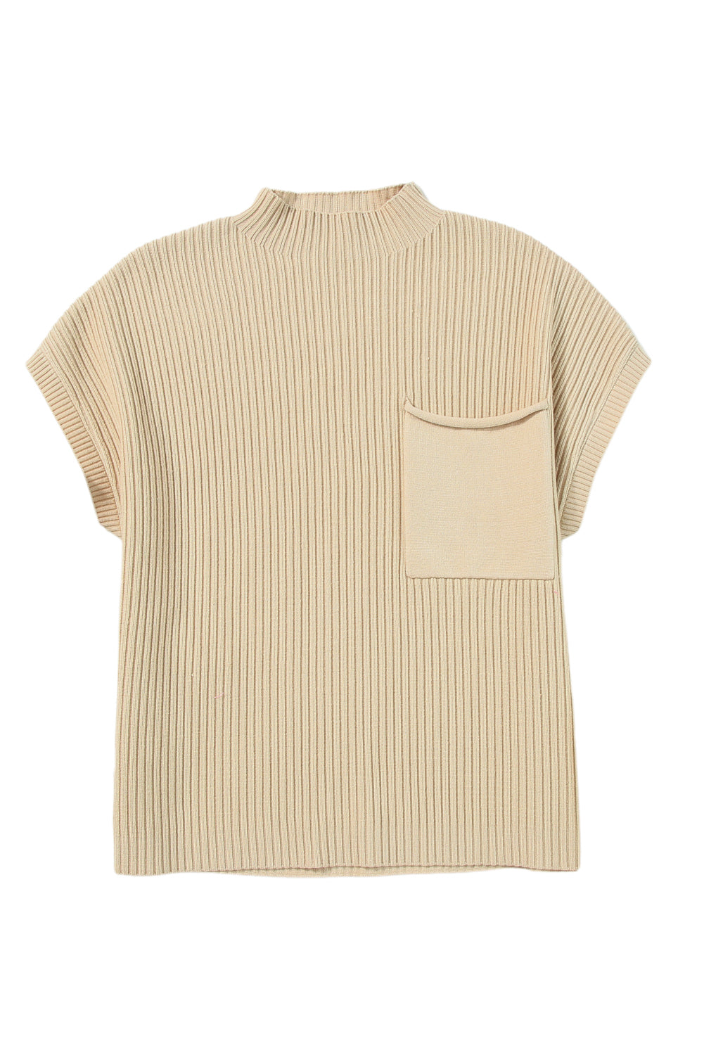 The Shewin Patch Pocket Ribbed Knit Short Sleeve Sweater is a beige top crafted from knit fabric, featuring a high neckline and a single chest pocket, ideal for transitional weather.