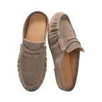 Women's mushroom suede backless penny loafer with slip-on mule design