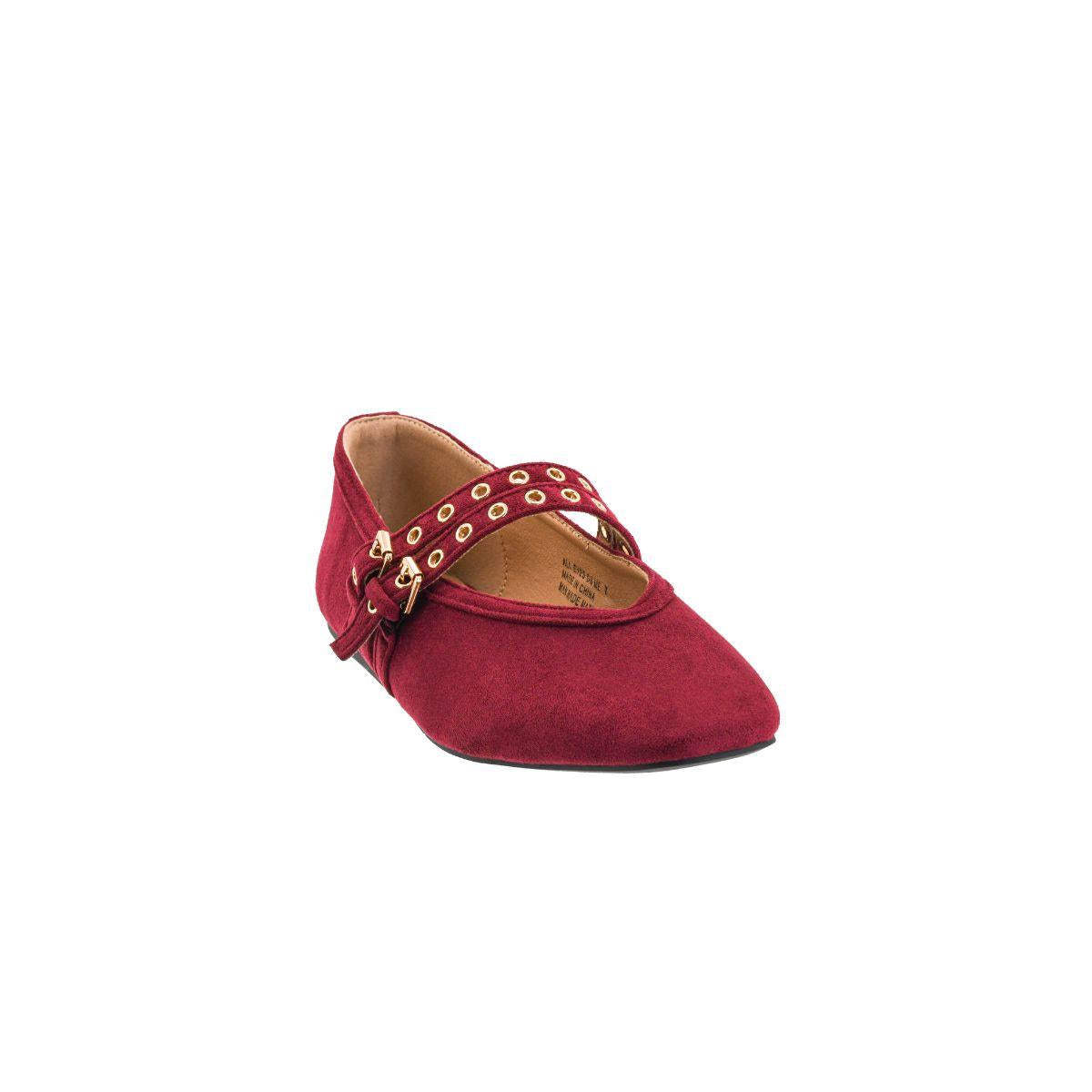 The All Eyes on Me MaryJane Ballet Flat by CORKY’S FOOTWEAR INC is a burgundy suede women’s ballet flat with a pointed toe and double straps adorned with gold eyelets and buckle detailing, photographed on a white background. This elegant shoe features a rich cranberry hue, making it the perfect choice to elevate any ensemble.