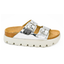 The Rumor Has It Platform Slide by Flipflops & Whatnots is a metallic silver sandal with two adjustable buckle straps, a cork footbed, and a chunky white sole.