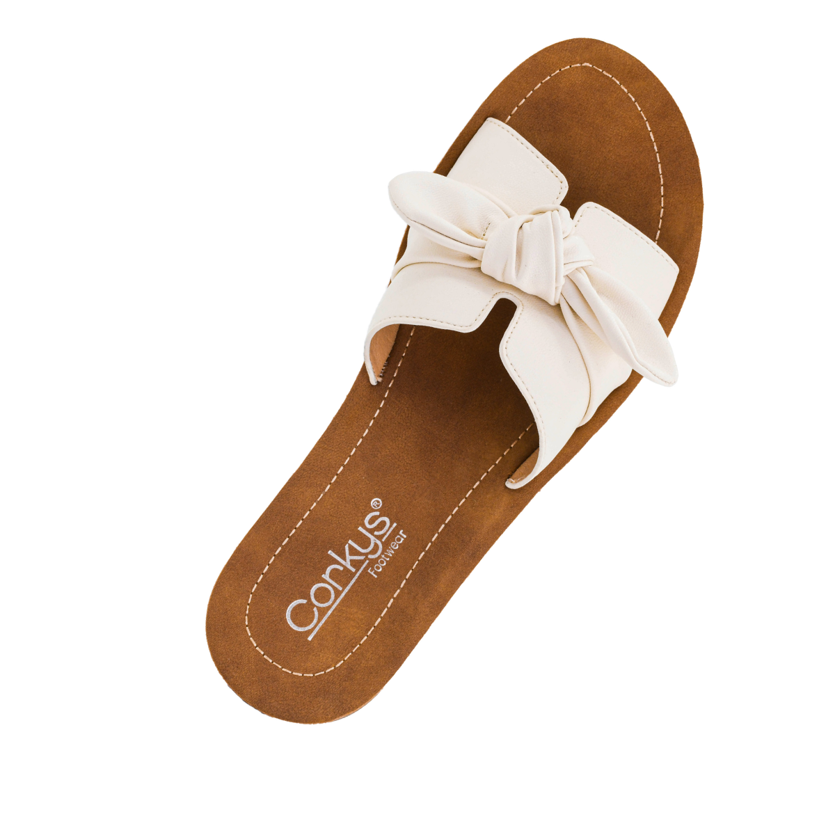 The Too Cute Flat Sandal in Ivory by CORKY'S FOOTWEAR INC features a white knotted bow strap, cushioned comfort, and branded insole.