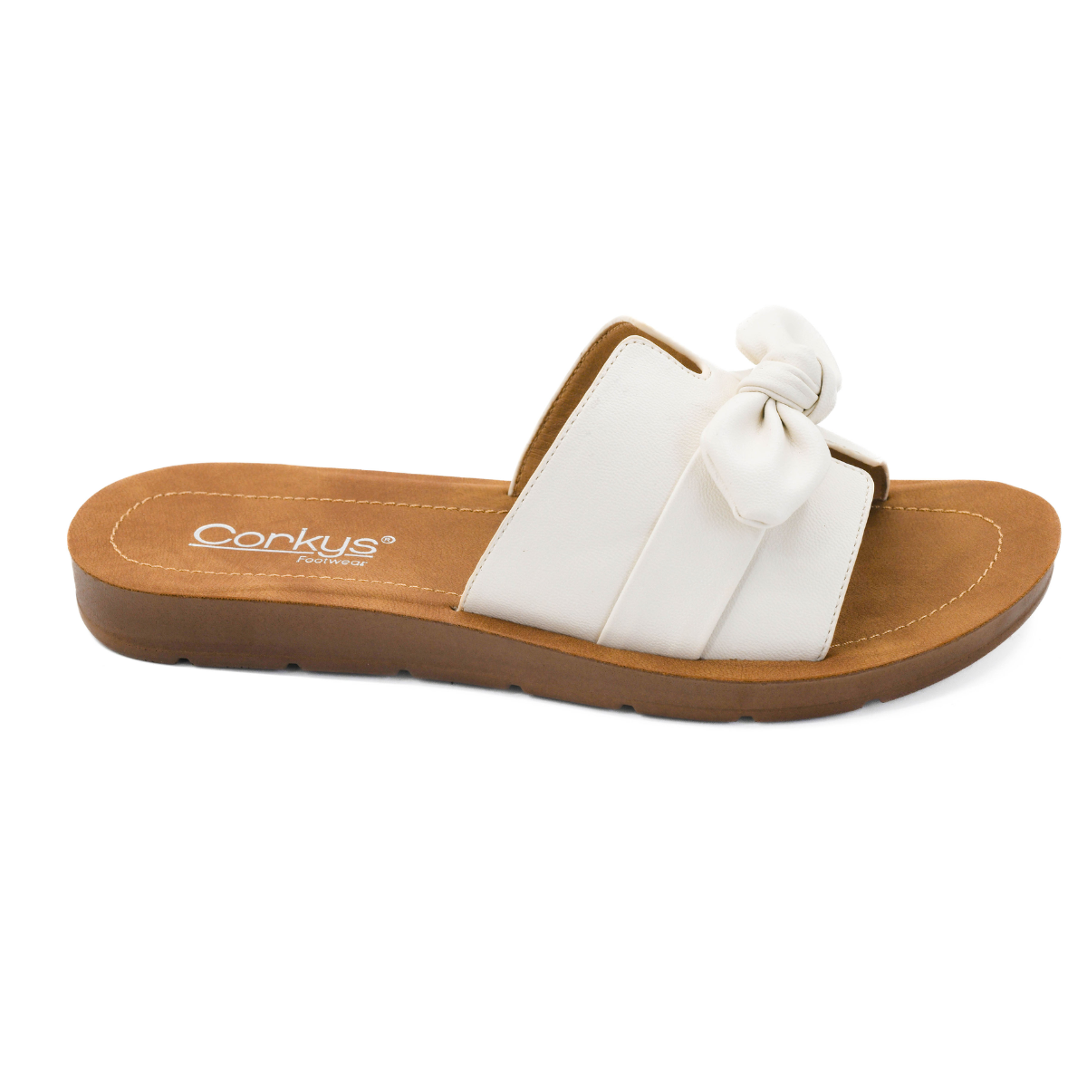 The Too Cute Flat Sandal in Ivory by CORKY'S FOOTWEAR INC features a wide strap with a decorative knot, tan sole, and cushioned comfort. Main image