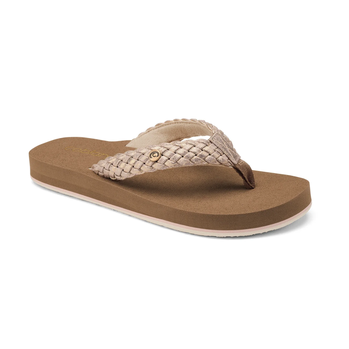 The COBIAN Braided Bounce Flip Flop in Blush features a woven strap, flat sole, and cushioned comfort, perfect for all-day wear. Displayed against a white background. Main image