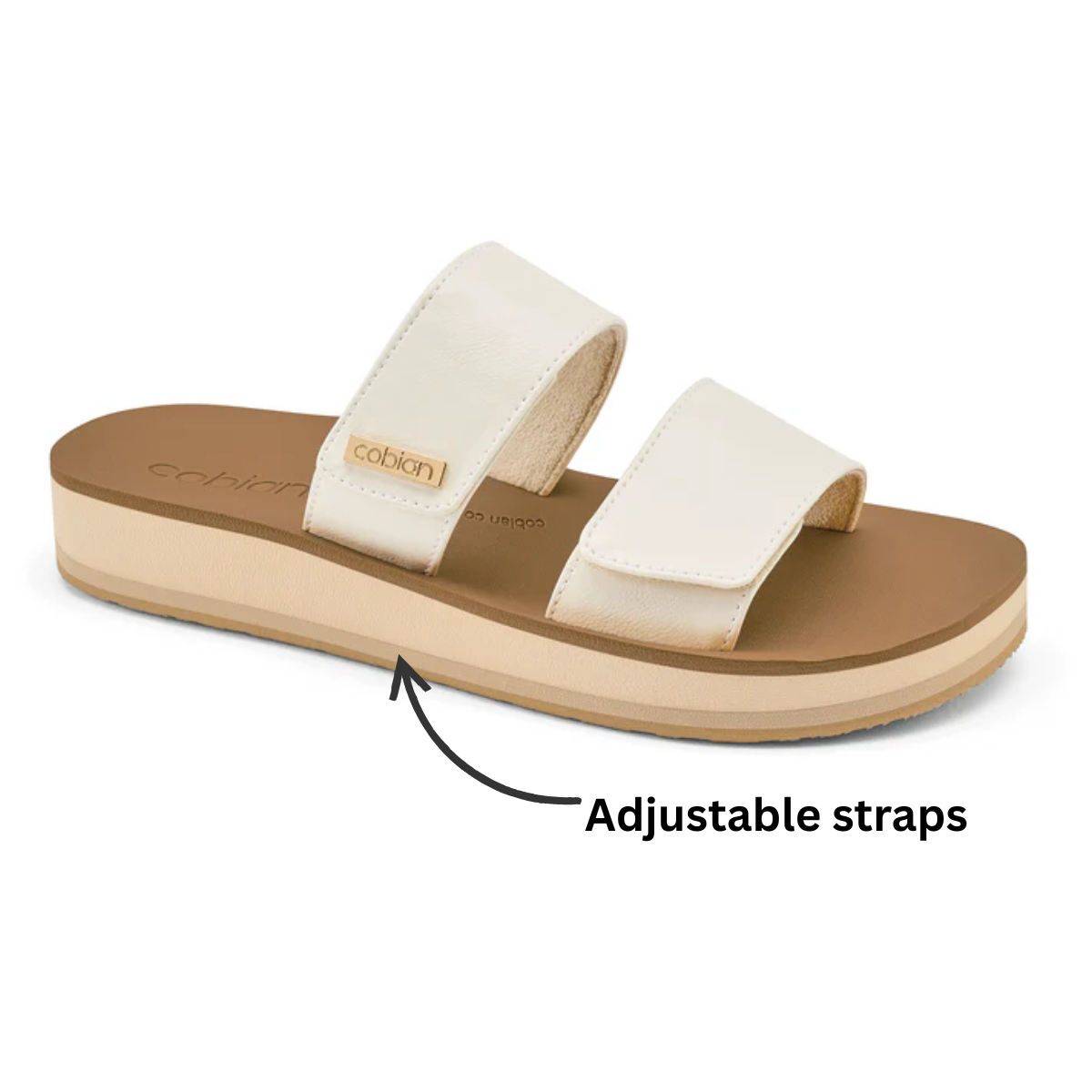 The Dana Rise Slide Sandal in White by COBIAN features a contoured footbed, two adjustable straps, and a cushioned sole, with a label highlighting the adjustable straps. Main image