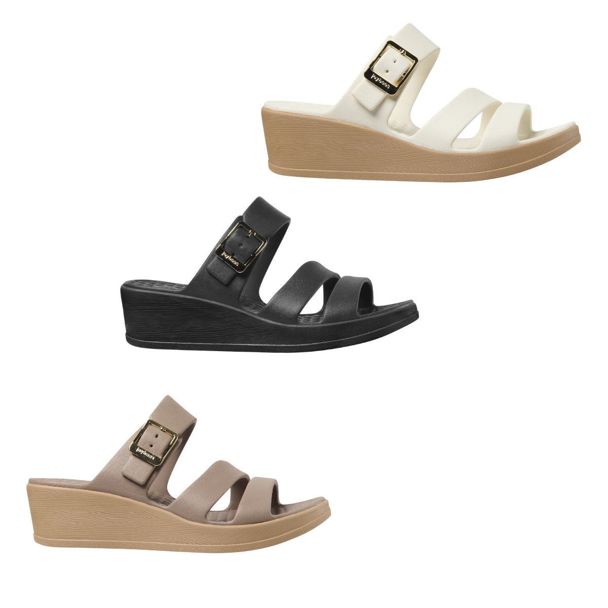 The JOYBEES Soleil Wedge is a women’s sandal in white, black, or beige with a thick lightweight sole, two front straps, and an adjustable instep buckle. Main image
