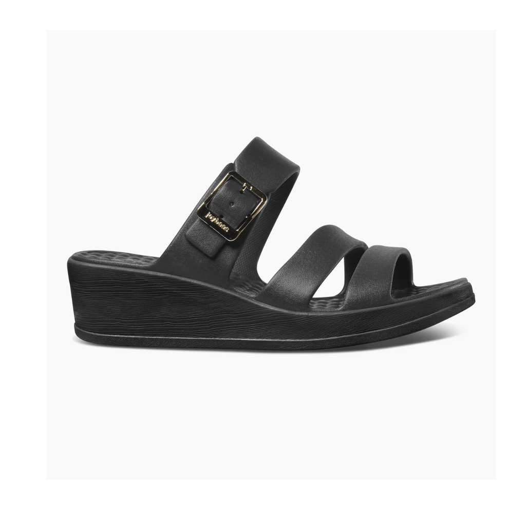 The JOYBEES Soleil Wedge is a black women's sandal with three straps, one featuring an adjustable buckle, providing lightweight support. Shown on a white background.