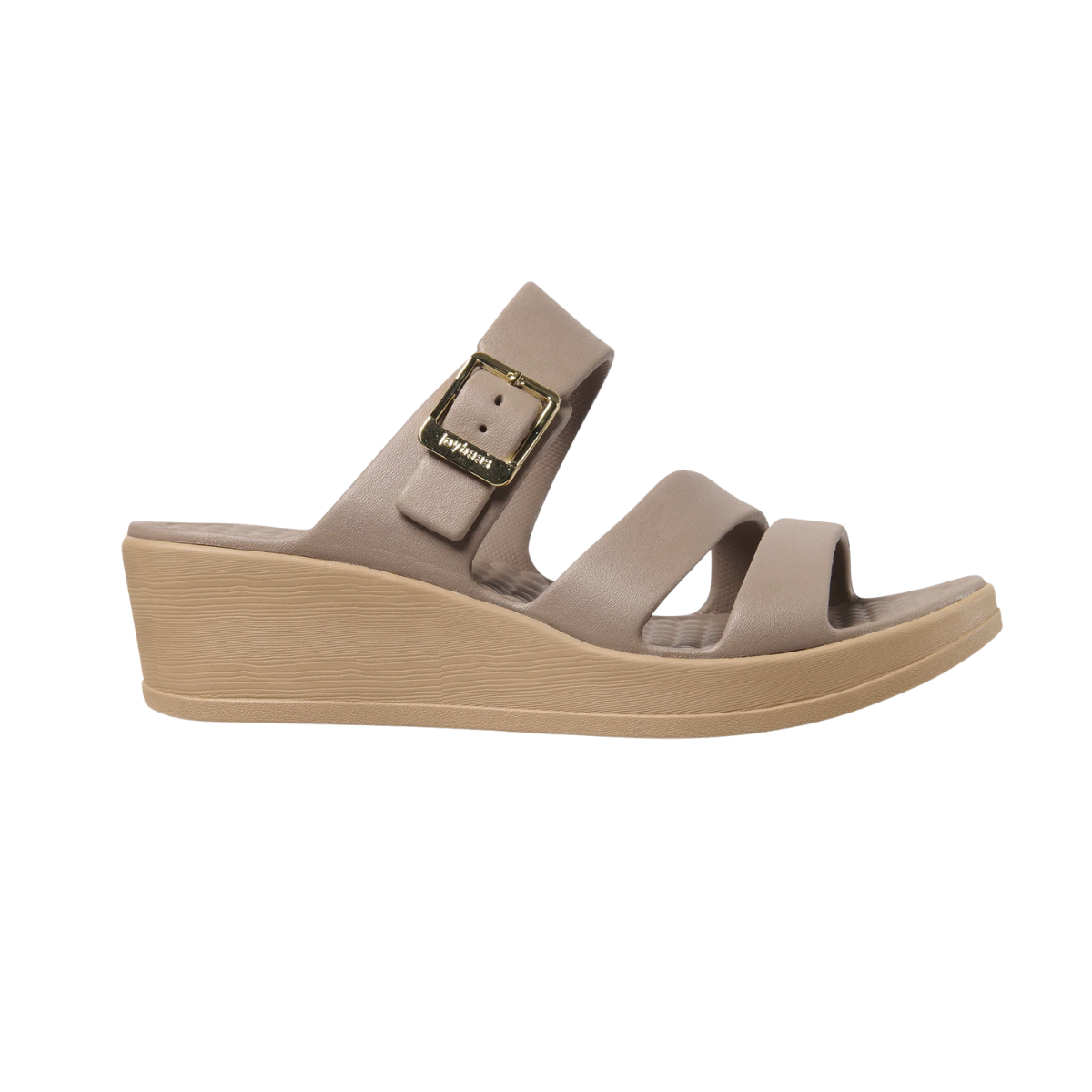 The JOYBEES Soleil Wedge is a beige women’s sandal featuring three straps and an adjustable gold-tone buckle, with lightweight support, a textured sole, and open toe design, shown against a white background.