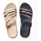 Top view of two JOYBEES Lakeshore Sandals with textured footbeds: the left in beige, the right in dark blue with colorful floral print straps.