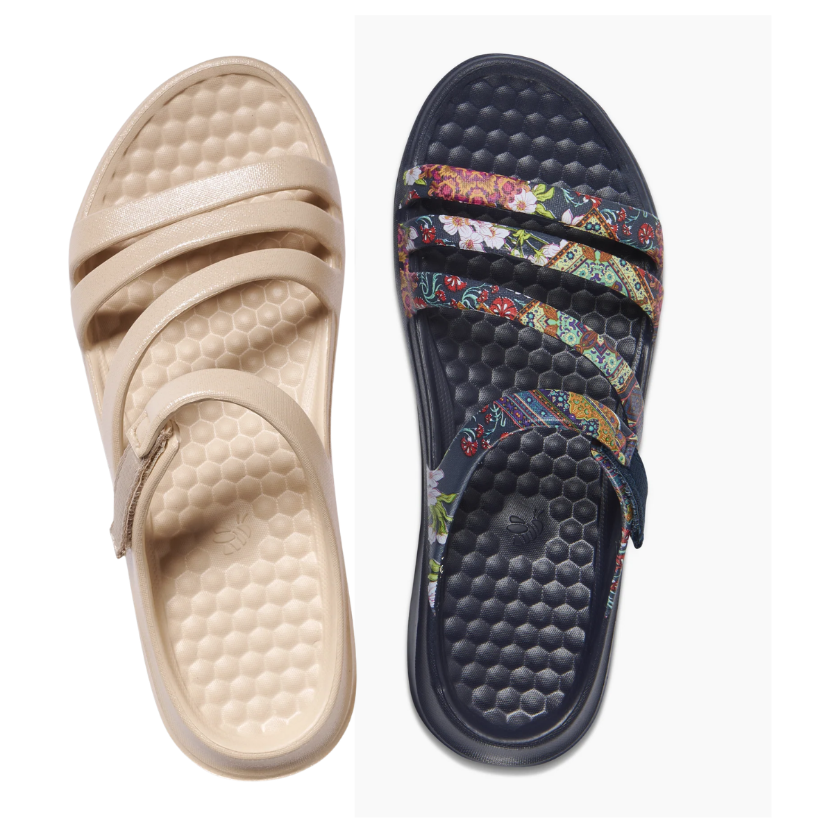 Top view of two JOYBEES Lakeshore Sandals with textured footbeds: the left in beige, the right in dark blue with colorful floral print straps.