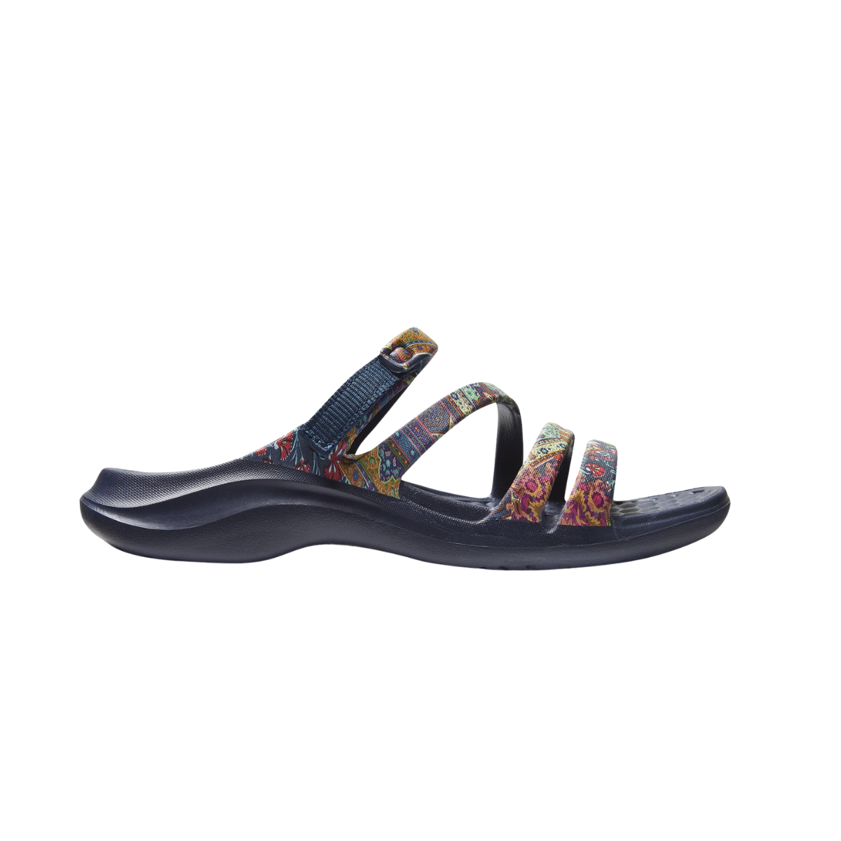 A side view of the lightweight JOYBEES Lakeshore Sandal, with three patterned straps and a dark contoured sole, displayed on a white background.