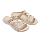 The JOYBEES Lakeshore Sandal in beige features three front straps, a buckled backstrap, and textured insoles. Lightweight and comfortable, these sandals are perfect for effortless everyday style.