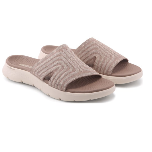 A pair of SKECHERS GO WALK Flex Sandal Stardust in Taupe, featuring stretch knit uppers and lightweight cushioning, is displayed on a white background.