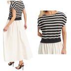 A woman wears the Fashiongo Striped Short Sleeve Midi Dress Black with a ribbed waist and elegant silhouette, paired with black high-heeled sandals.