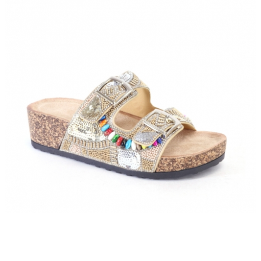 gold beaded two strap slide sandal with colorful accents and cork wedge sole