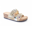 gold beaded two strap slide sandal with colorful accents and cork wedge sole