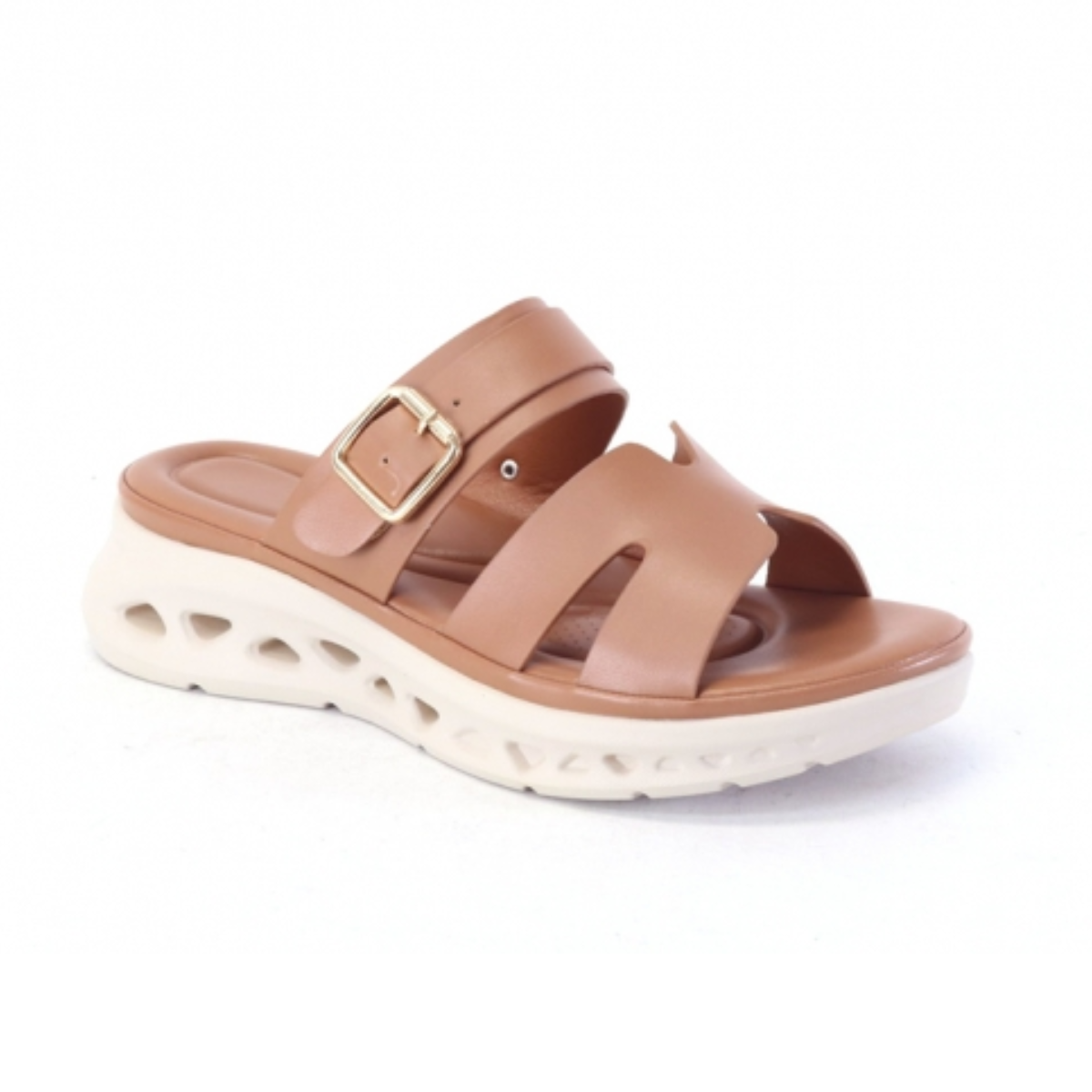 tan sport wedge slide sandal with adjustable buckle strap and lightweight cushioned sole