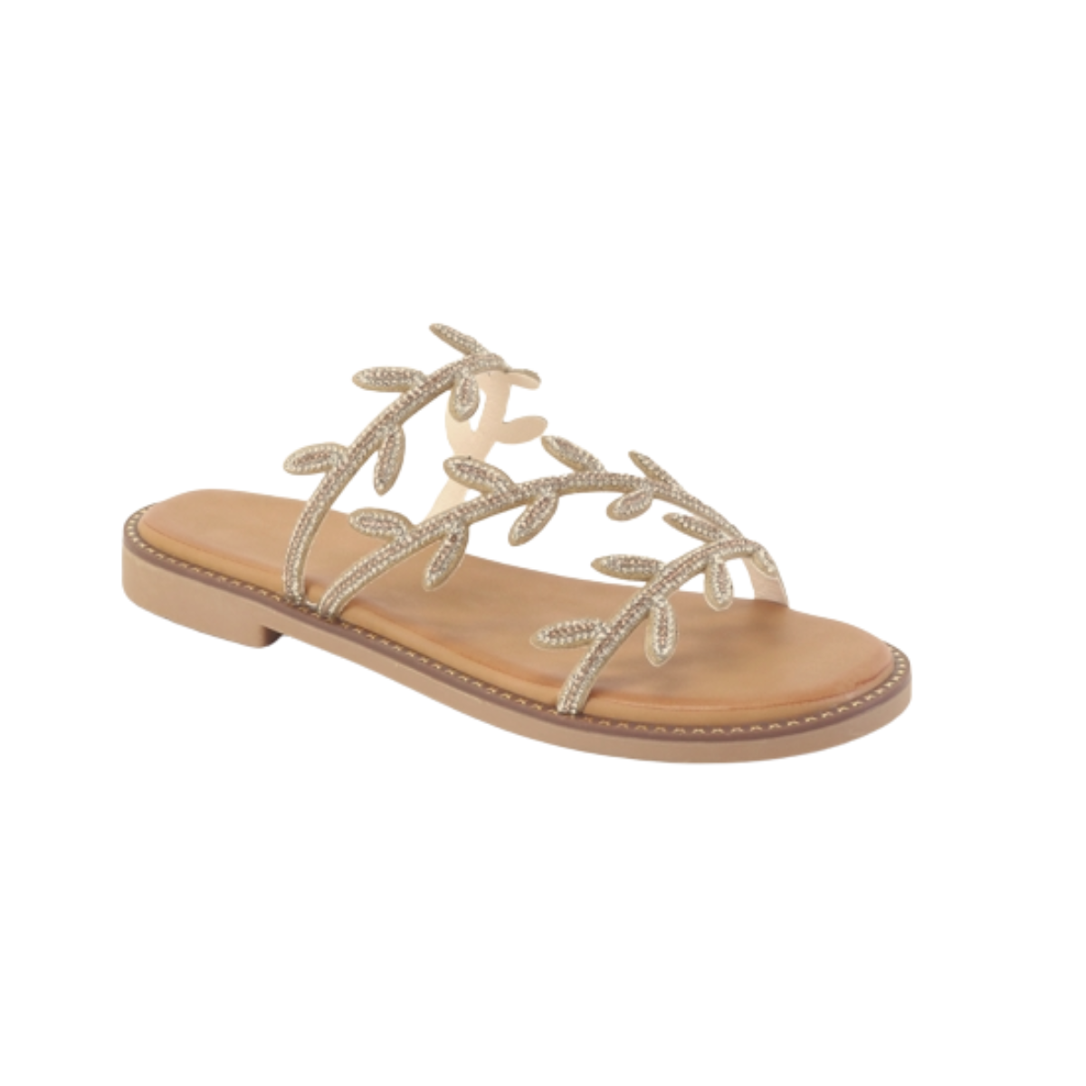 sparkle leaf motif flat sandal with embellished upper design