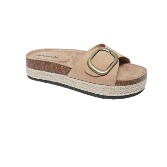 The OLEM SHOE CORP Tops-1 Slide Sandal is a lightweight beige platform slip-on with a thick sole, large brass buckle, and woven trim—an ideal neutral sandal for versatile style. Shown on a white background.