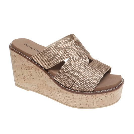 Flynn-2 platform wedge sandal in rose gold with cushioned footbed and slip-on design