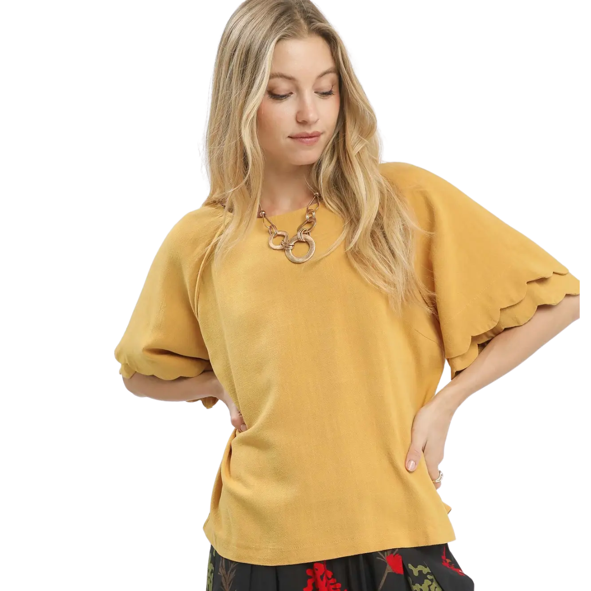 A woman wears a yellow Umgee Linen Blend Raglan Sleeve Top with ruffled sleeves and a chunky chain necklace, standing against a white background. Main image