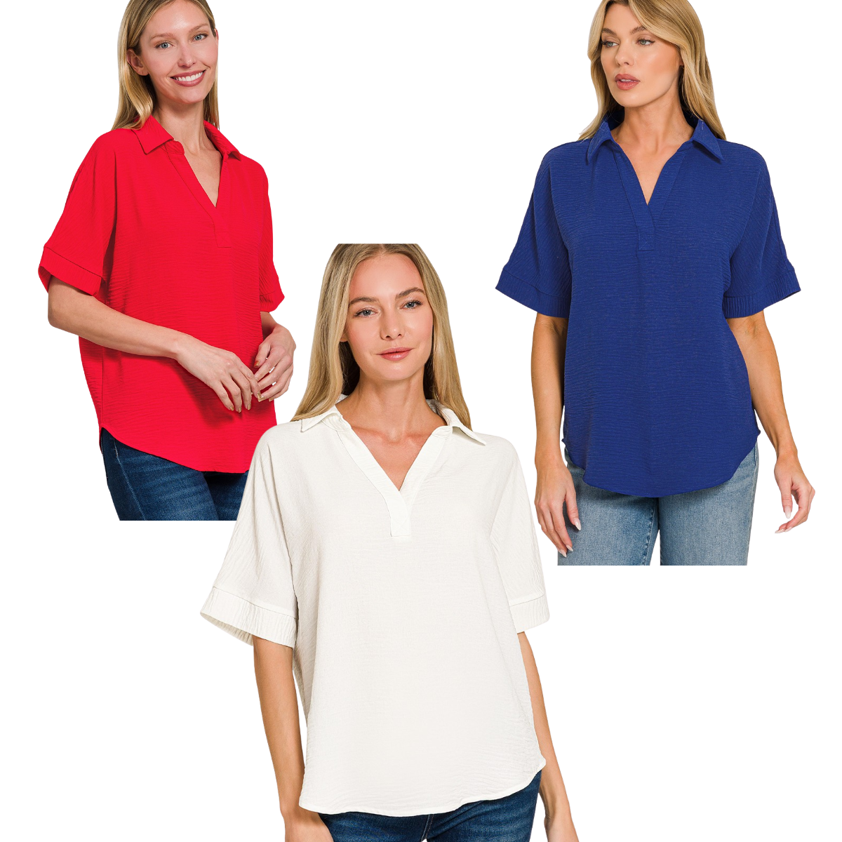 woven airflow collared v neck short sleeve top lightweight breathable fabric Main image