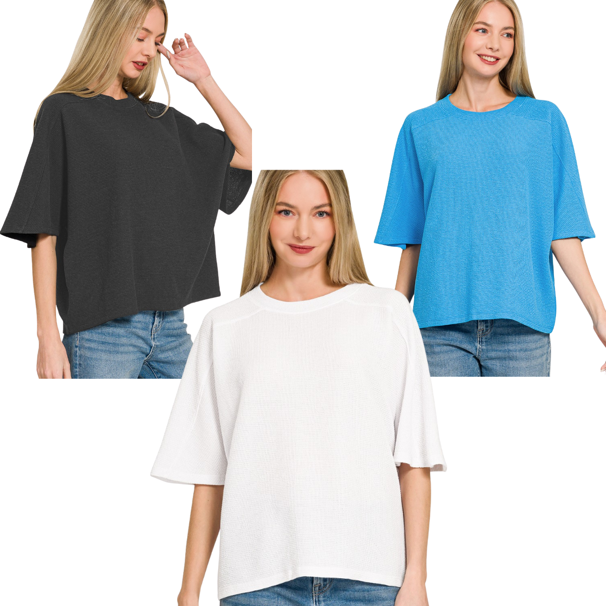 Three women wear Zenana Double Knit Short Sleeve Tops—an everyday essential—in black, white, and blue with blue jeans, standing against a white background. Main image