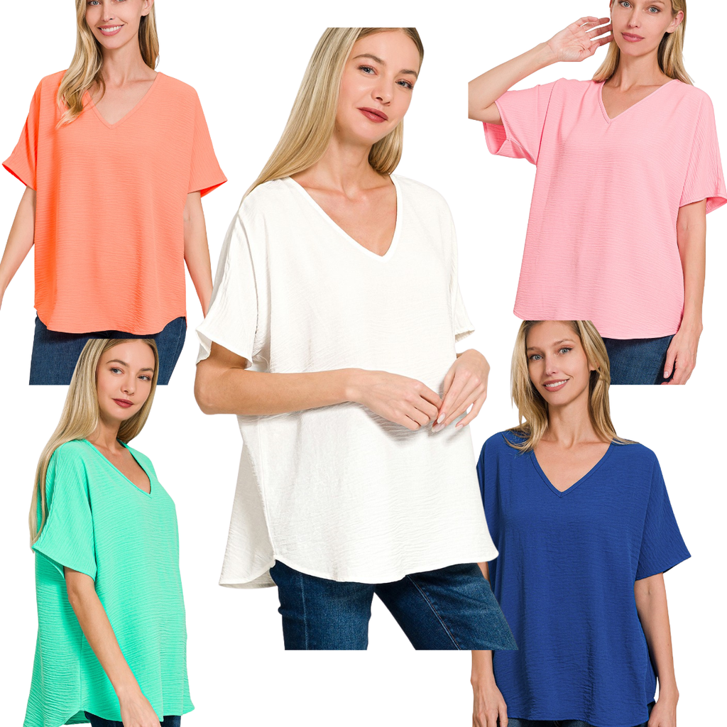 Five women wear Zenana V-Neck Airflow Shirt Sleeve Tops in coral, pink, mint green, white, and blue with jeans. These lightweight tops are perfect for summer against a crisp white background.