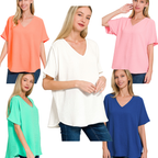 Five women wear Zenana V-Neck Airflow Shirt Sleeve Tops in coral, pink, mint green, white, and blue with jeans. These lightweight tops are perfect for summer against a crisp white background.