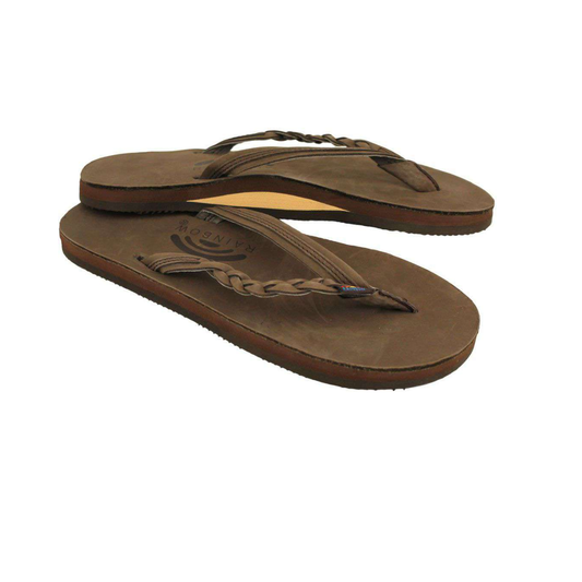 A pair of RAINBOW SANDALS Flirty Braidy Single Layer Flip Flops in eXpresso, featuring braided leather straps, stacked on a white background.