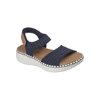 The Skechers Summertime Imspo Sandal in Navy by SKECHERS USA INC features a textured fabric upper, adjustable ankle strap, open-toe design, and thick white sole—ideal for casual comfort as everyday walking shoes.
