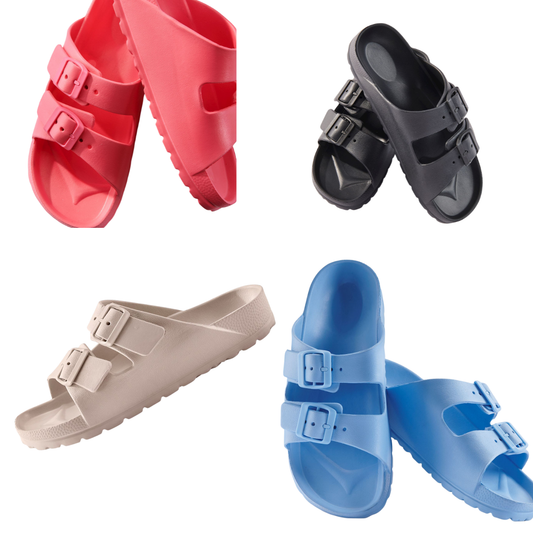 Four pairs of Gift Craft Essential Slip-On Slides in red, black, beige, and blue feature two adjustable straps and a comfort-contoured footbed, displayed on a white background.