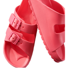 The Gift Craft Essential Slip-On Slides are bright pink sandals with two adjustable buckle straps and a comfort-contoured footbed, shown overlapping on a white background.