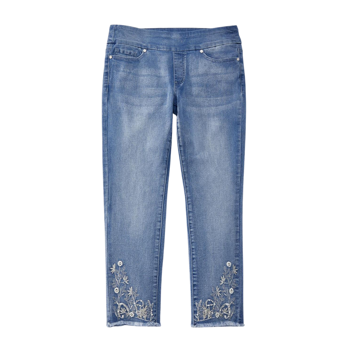Gift Craft Embellished Capri Denim Pants in light blue feature a pull-on style, front and back pockets, and embroidered floral detailing along the bottom hem of both legs. Main image