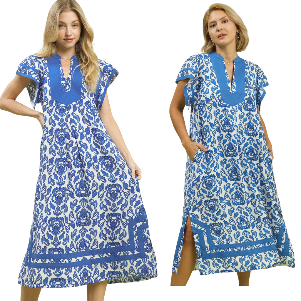 abstract two tone print midi dress with split v neck and flutter sleeves