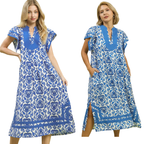 abstract two tone print midi dress with split v neck and flutter sleeves