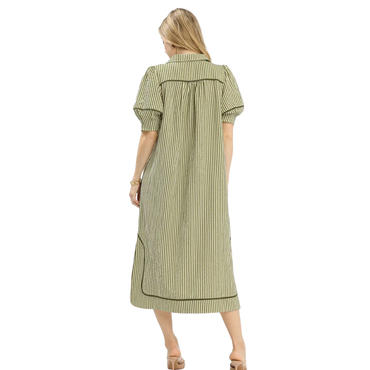 Olive Striped Midi Dress with Puff Sleeves Secondary image