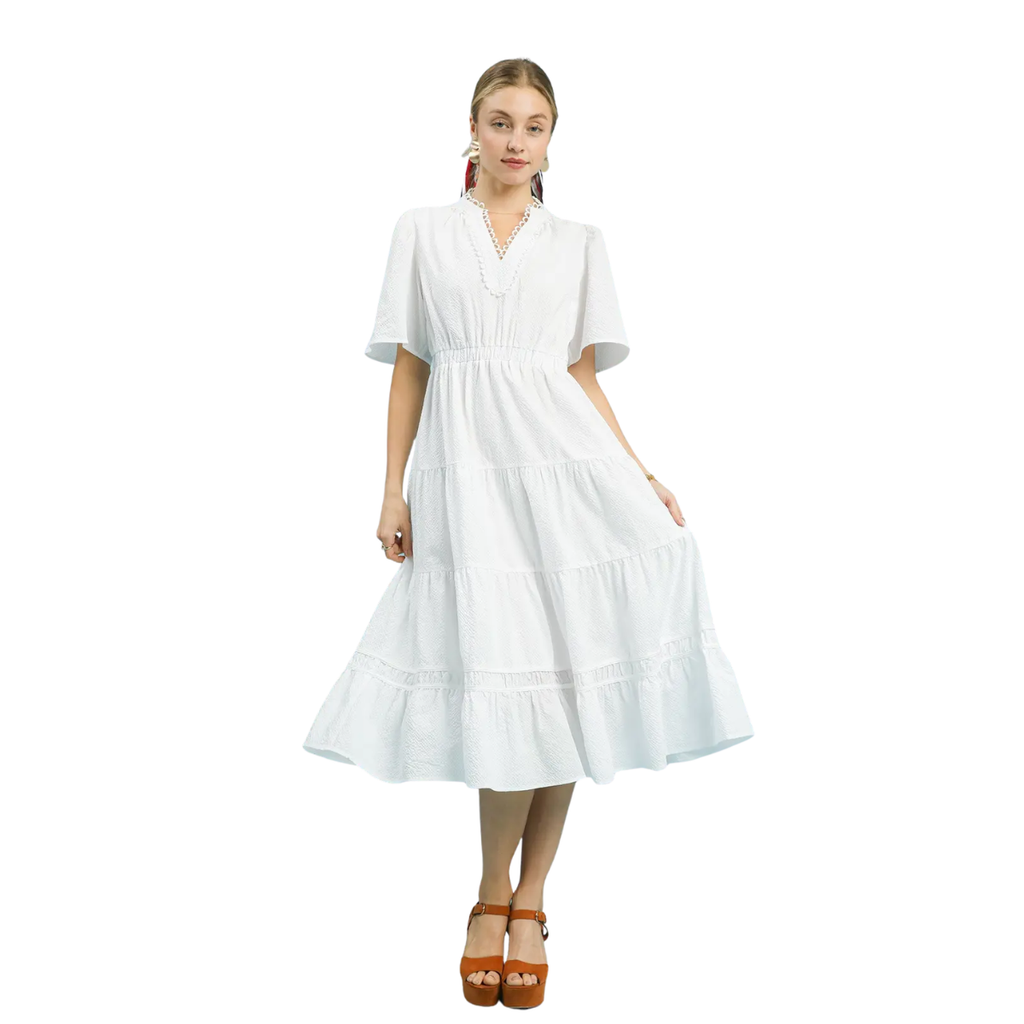 textured tiered midi dress with lace trim v neck and puff sleeves
