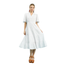 textured tiered midi dress with lace trim v neck and puff sleeves