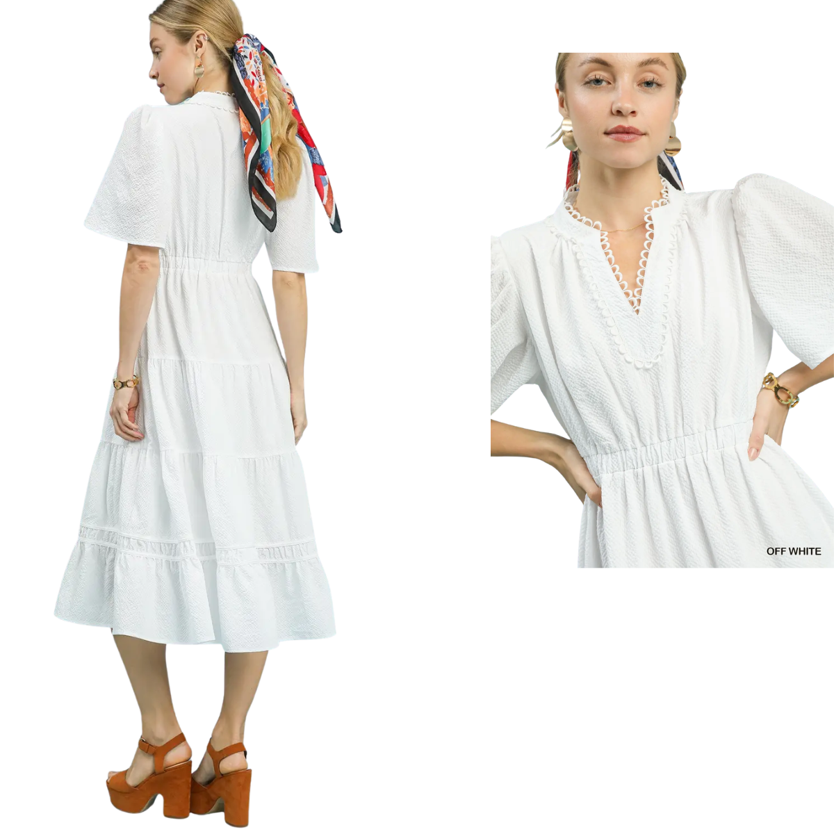 Textured Tiered White Midi Dress with Lace Trim Secondary image