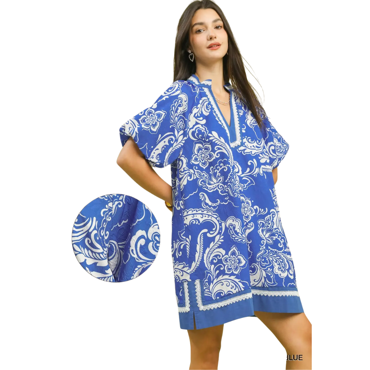 jacquard two tone mini dress with lace trim v neck and puff sleeves Main image