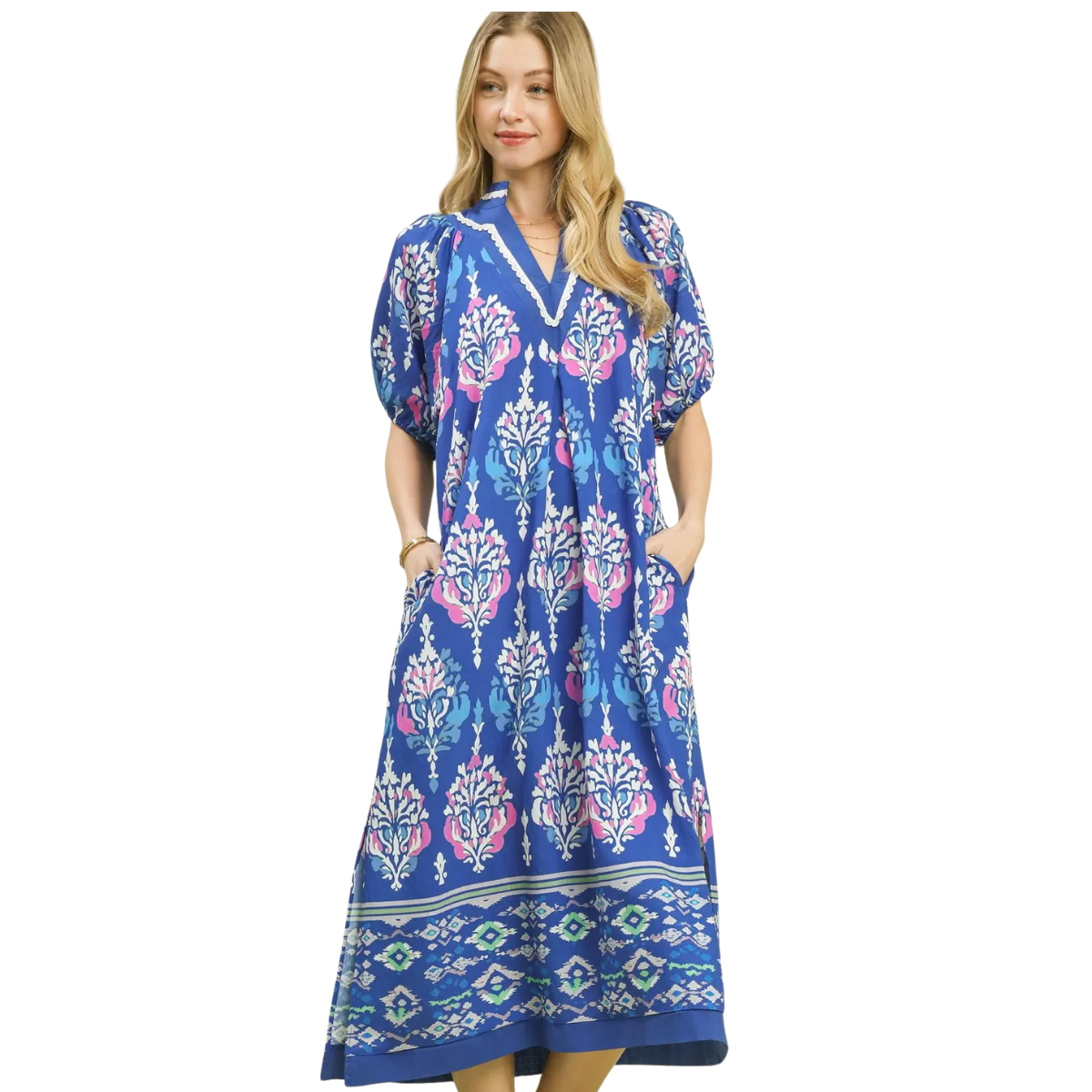 boho border print midi dress with scalloped v neck and puff sleeves