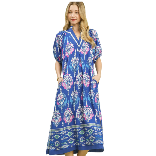 boho border print midi dress with scalloped v neck and puff sleeves