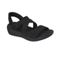 The SKECHERS Arya Very Midful Low Wedge Heel Sandal is a black open-toe slip-on with crisscross elastic straps and a low wedge heel, shown from the front.
