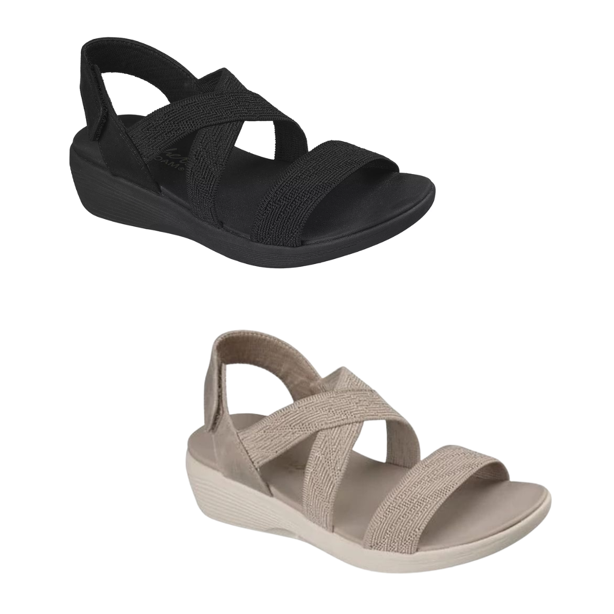 Two pairs of SKECHERS Arya Very Midful Low Wedge Heel Sandals—one black, one beige—with crisscross straps and comfy low wedge heels, are displayed against a white background.
