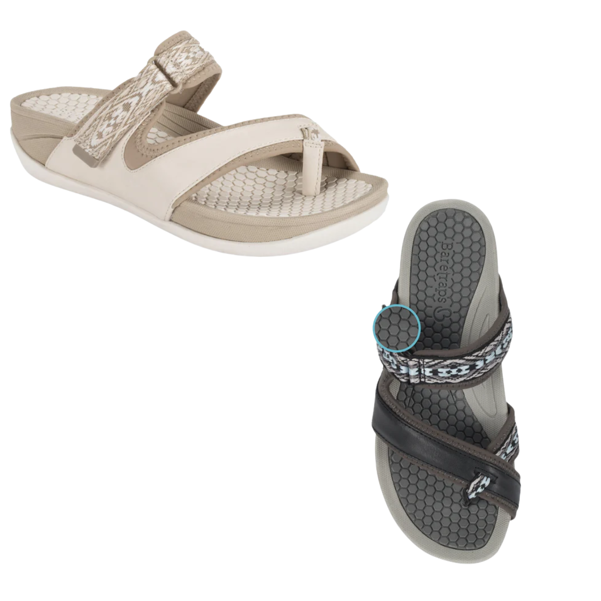 Two pairs of comfy Baretraps Deserae Slide Sandals for women: one in beige and cream with a patterned strap, the other in black featuring crisscross straps and a geometric design.